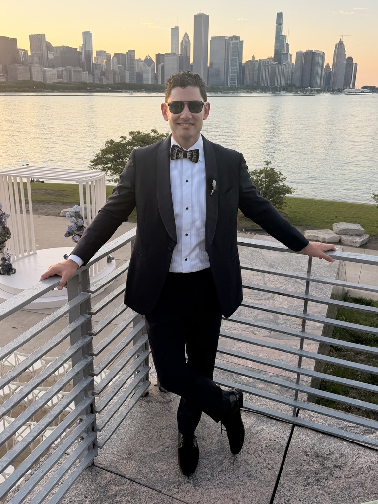 Ben Kogut in black tie on the Chicago lakefront